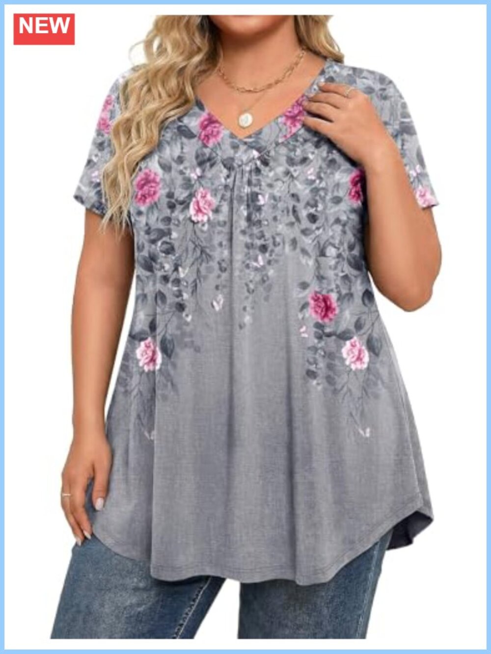 Plus Size V-Neck Short Sleeve Tunic Top Loose Fit Summer Shirt